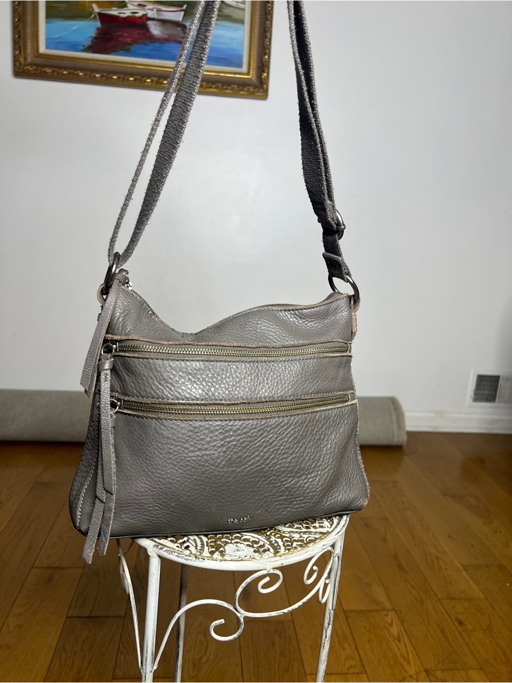 The Sak Gray Leather Crossbody with Dual Zip Front Pockets